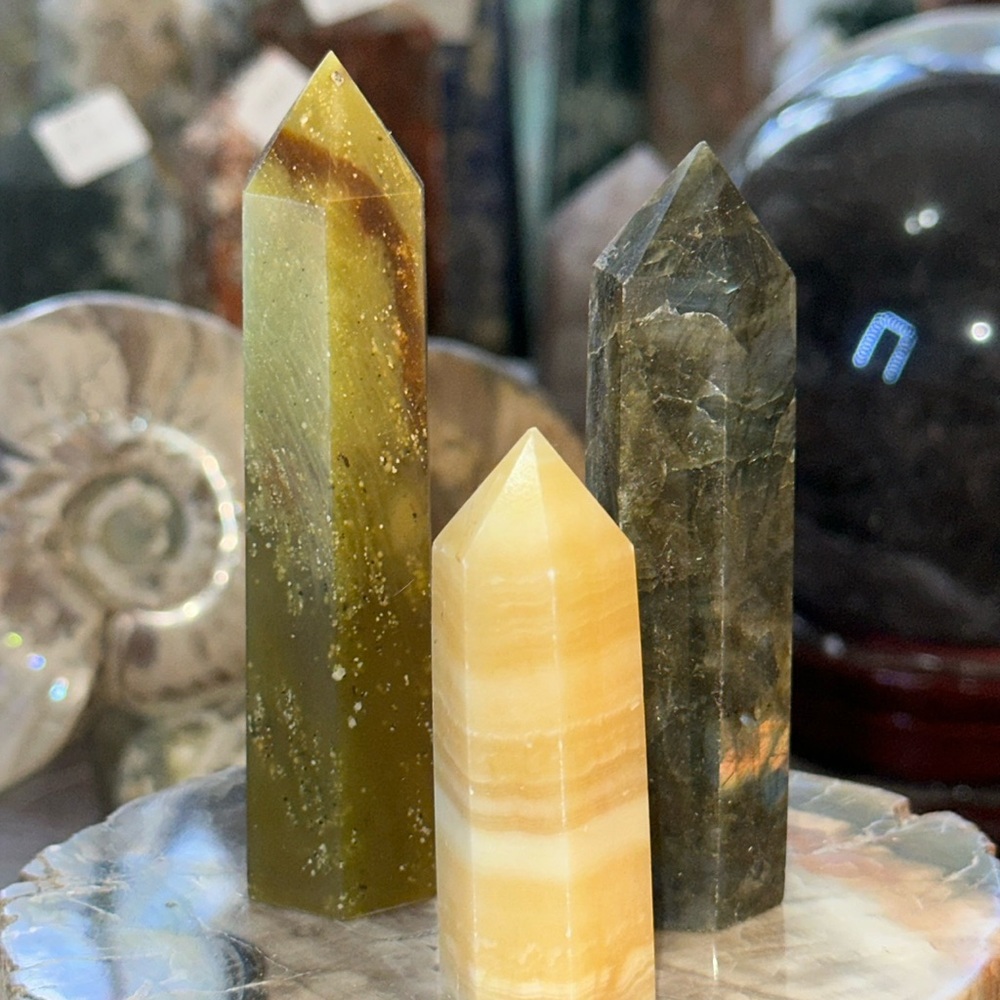 Green Opal, Orange Calcite and Labradorite Points!